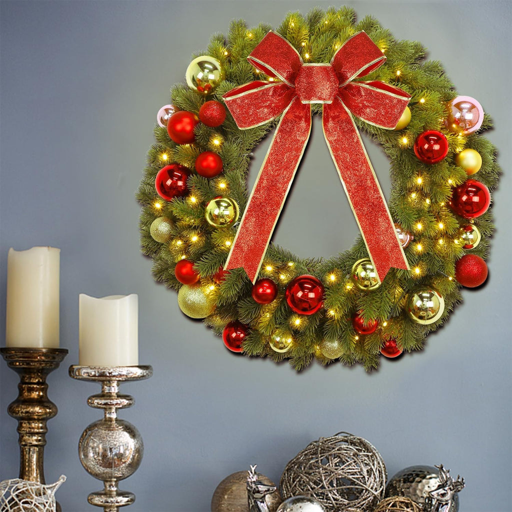 21 Inch Pre-Lit Christmas Wreath with Metal Hanger, Lighted Xmas Folded Wreath with 60 LED Lights, Red Bow