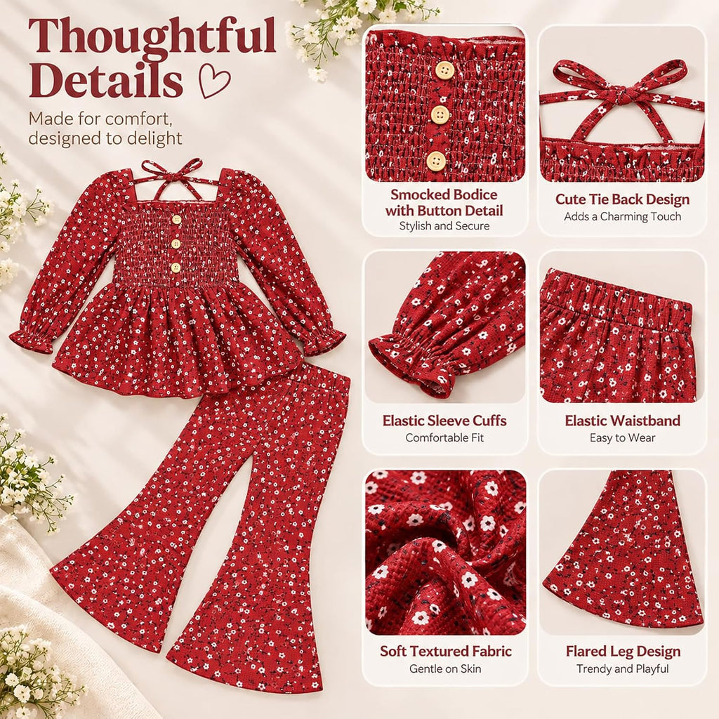 Toddler Girl Outfits Smocked Peplum Top with Kick Flare Pants