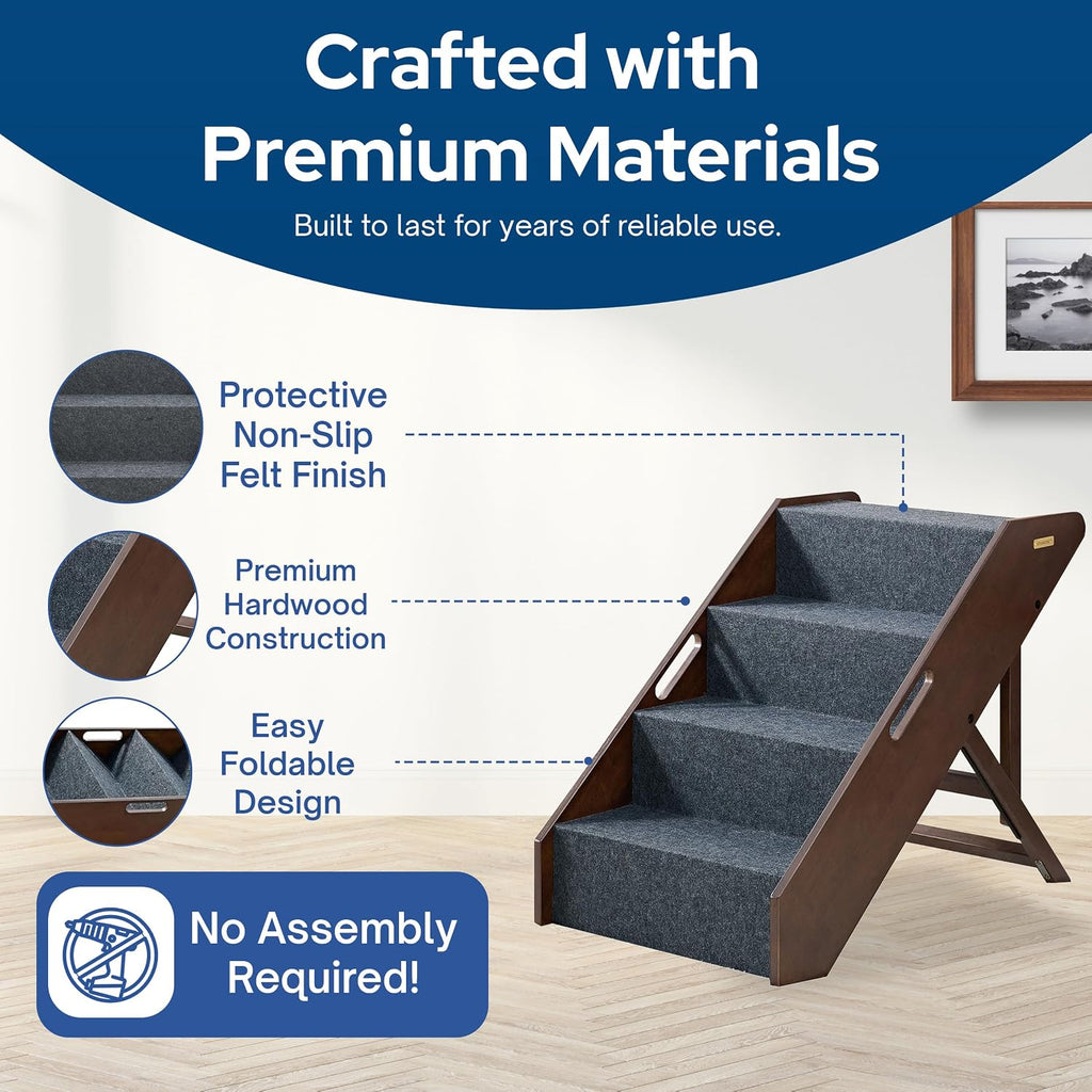Wooden Pet Steps with 3 Adjustable Heights - No Assembly Foldable Pet Stairs for High Beds with Solid Hardwood