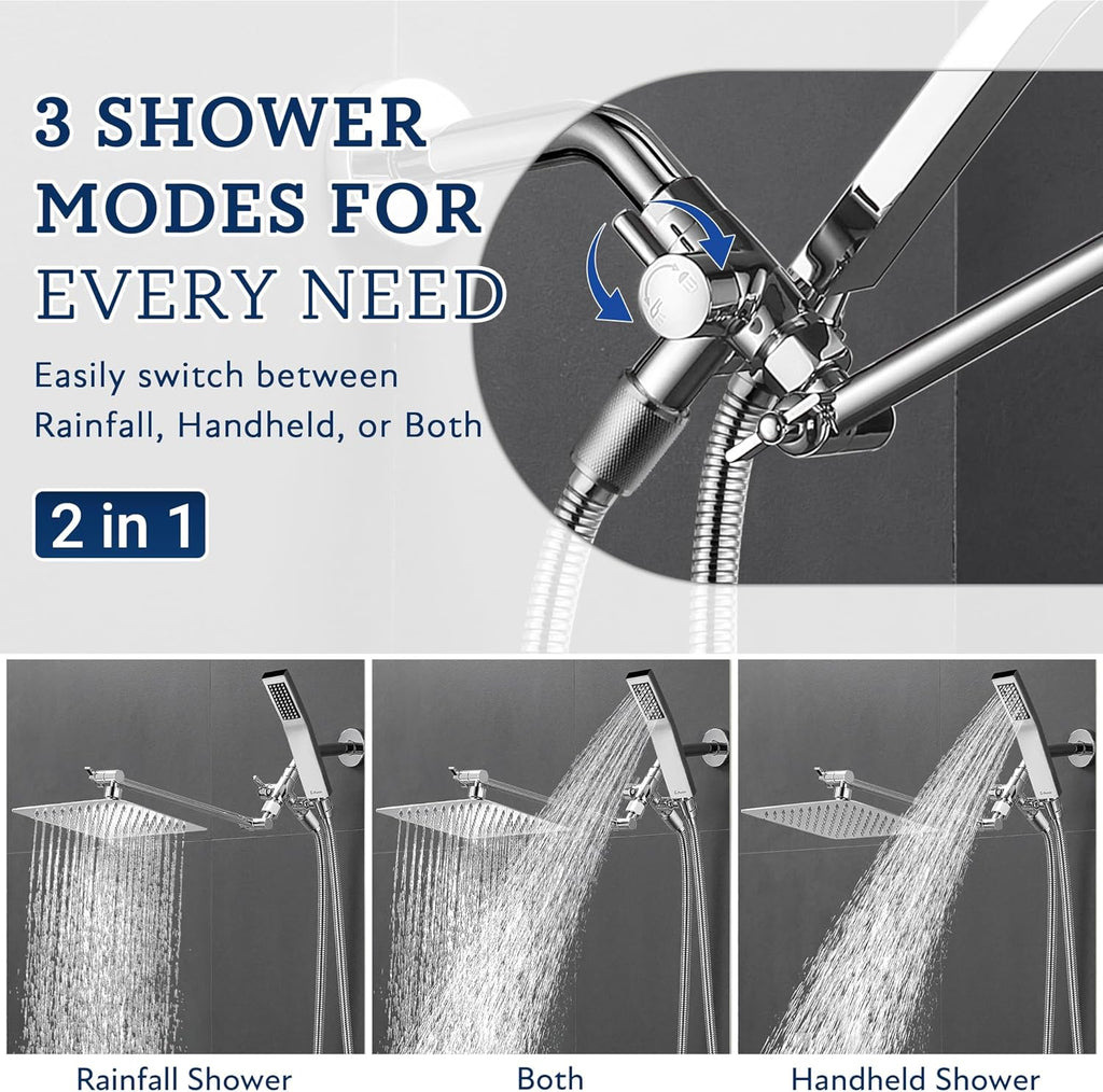All Metal 8 Inch Dual Square Shower Head with Handheld Spray Combo, Rain Shower Head, Adjustable Extension Arm