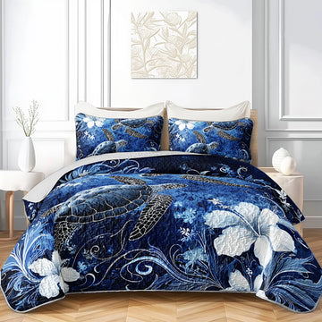Floral Sea Turtle Quilt, Coastal Bedspread with 2 Pillowcases.