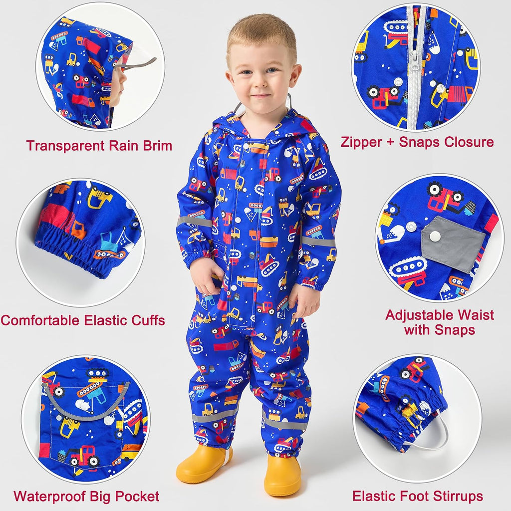 Kids Rain Suit, Toddler Raincoats One Piece Hoodie Cartoon Rain Gear Waterproof Rainwear Coveralls for Boys and Girls