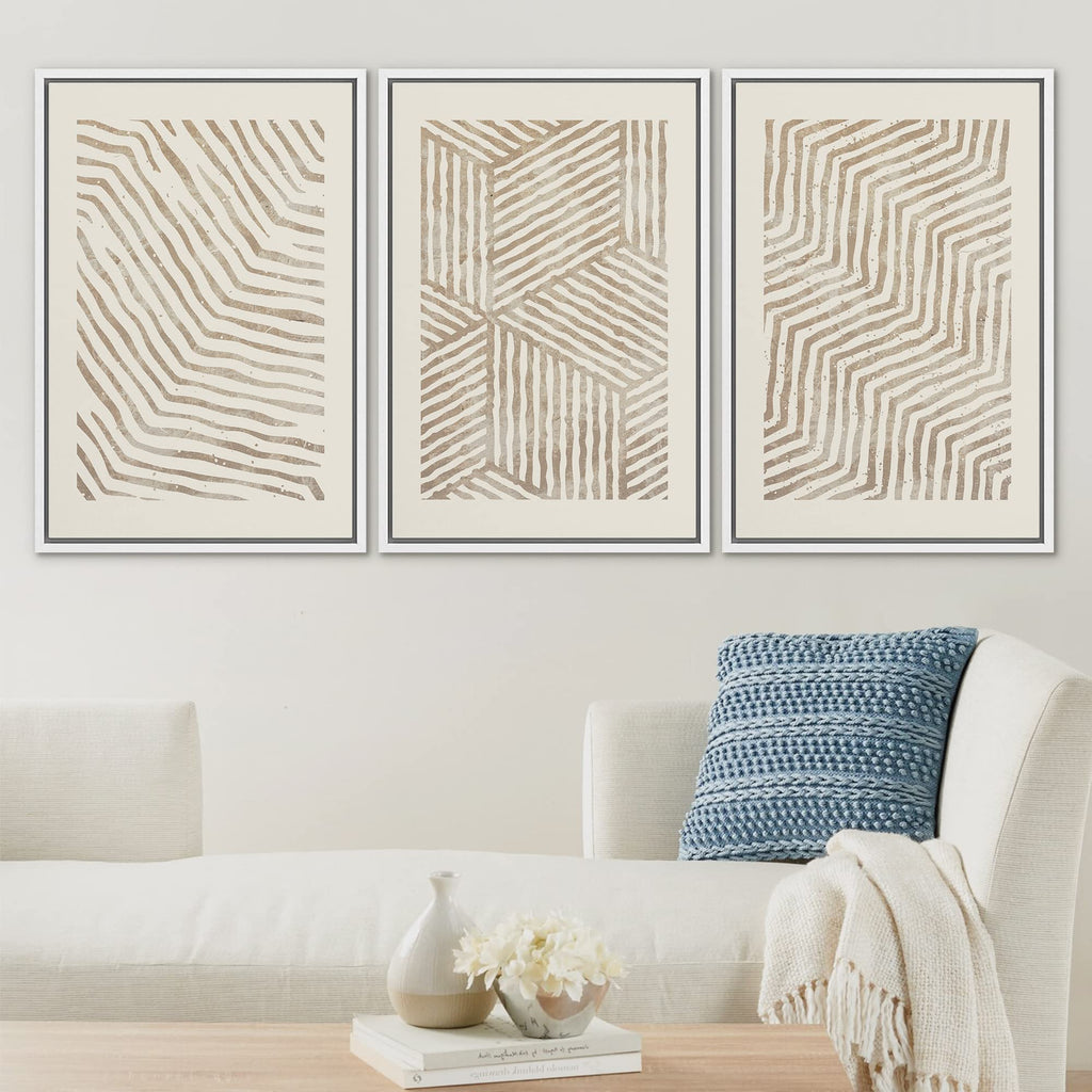 Framed Canvas Print Wall Art Set 3D Geometric Pattern Wave Collage Abstract Shapes Illustrations Modern Art