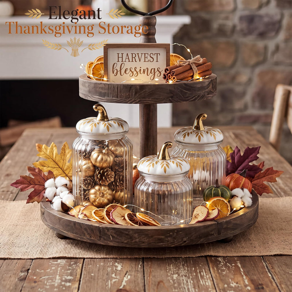 3 Set Fall Pumpkin Glass Jar with Pumpkin Airtight Ceramic Lid 44 oz 33 oz 22oz Clear Candy Jar Food Storage Canister