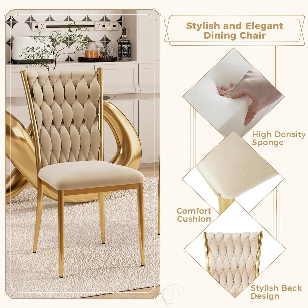 Velvet Dining Chairs Set of 4, Modern Woven Kitchen Chairs with Gold Metal Legs, Upholstered Cushion with High Back