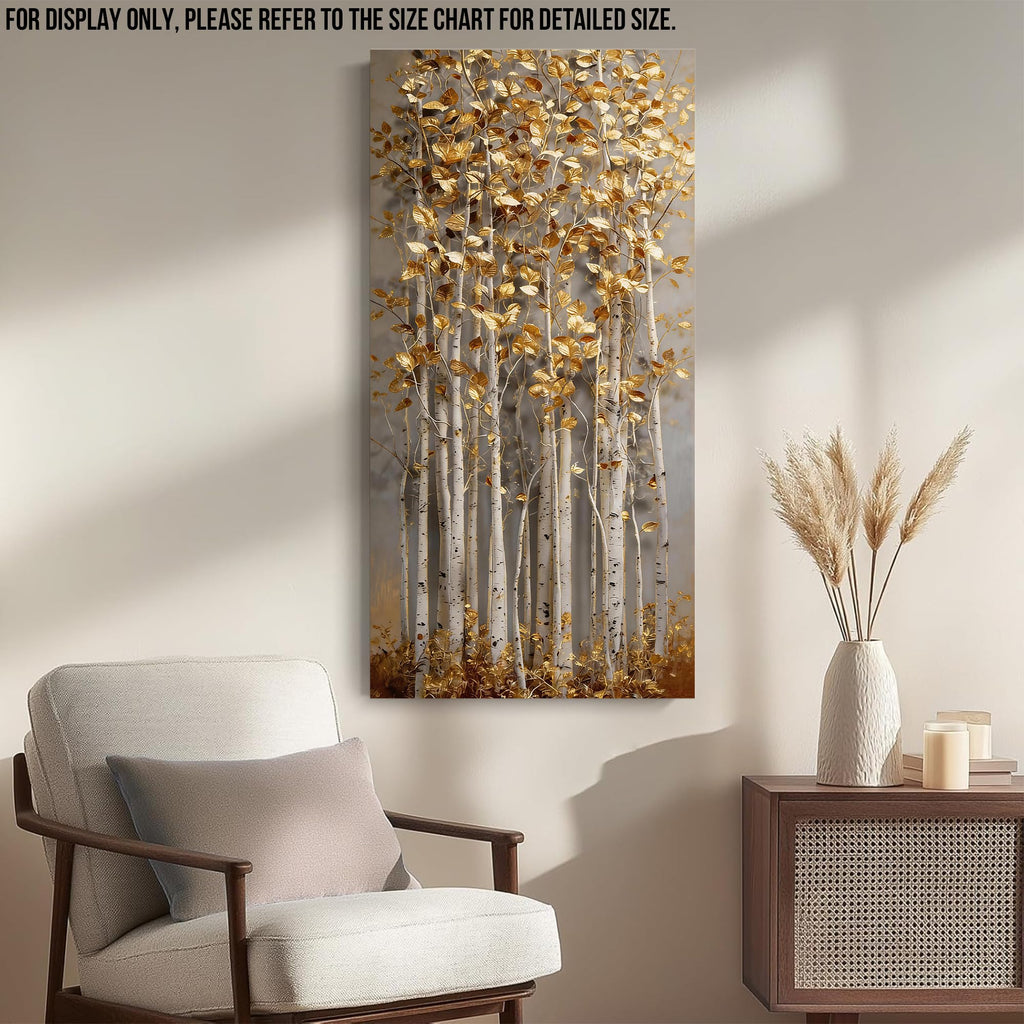 Birch Tree Canvas Wall Art, Gold-Tone 3D Visual Effect Forest Artwork, Flat-Printed Gallery Wrapped Canvas, Vertical