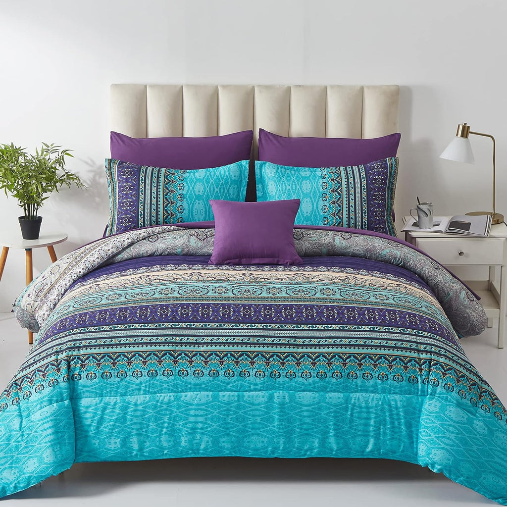Cottolester Boho Comforter Set Queen 8 Piece Bed in a Bag Bohemian Striped Bedding Quilt Set Aqua Paisley Floral