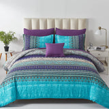 Cottolester Boho Comforter Set Queen 8 Piece Bed in a Bag Bohemian Striped Bedding Quilt Set Aqua Paisley Floral