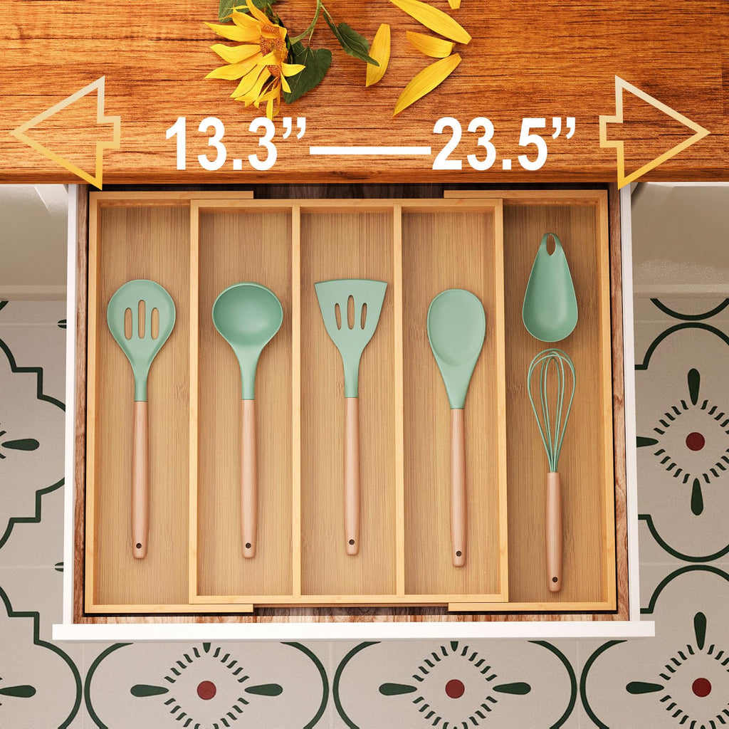 Expandable Bamboo Silverware Organizer, Kitchen Drawer Organizer