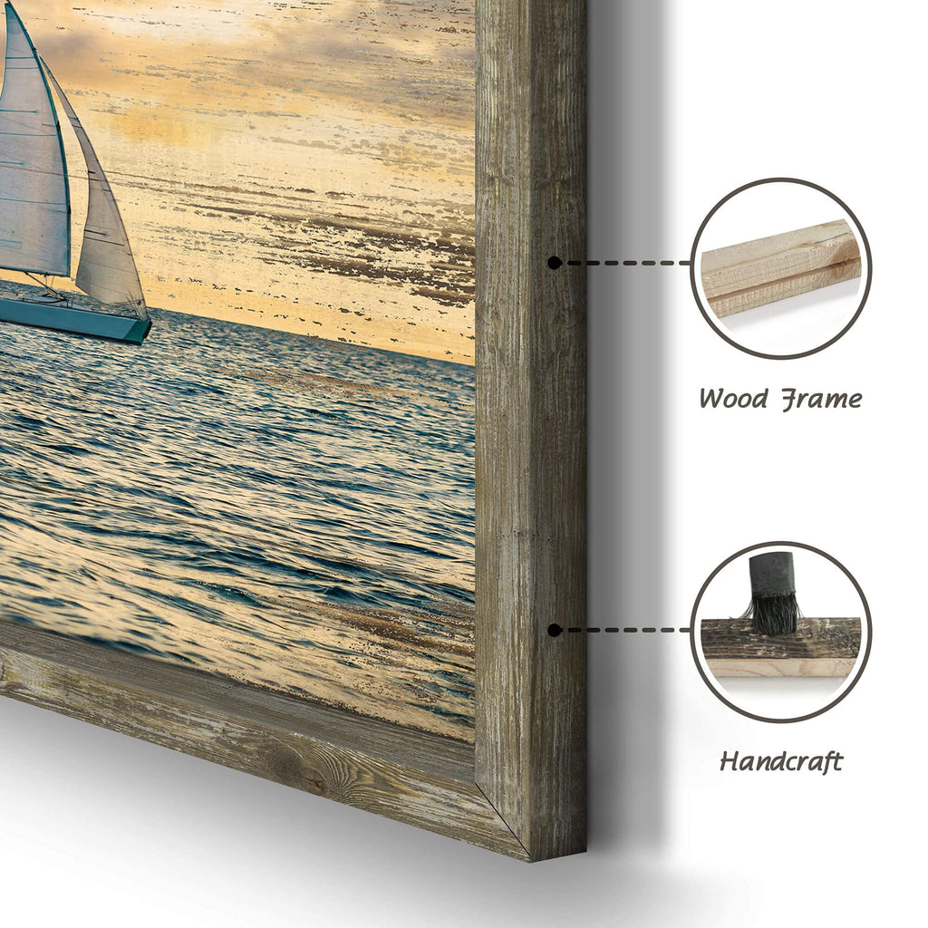 Coastal Framed Wooden Wall Art: Ocean Painting Art Sail Boats Artwork Decor Sunset Seascape Picture Prints 24"x12"