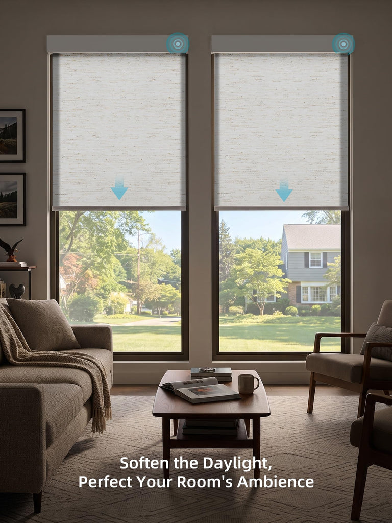 Motorized Smart Roller Shades, 70% Blackout Linen White
