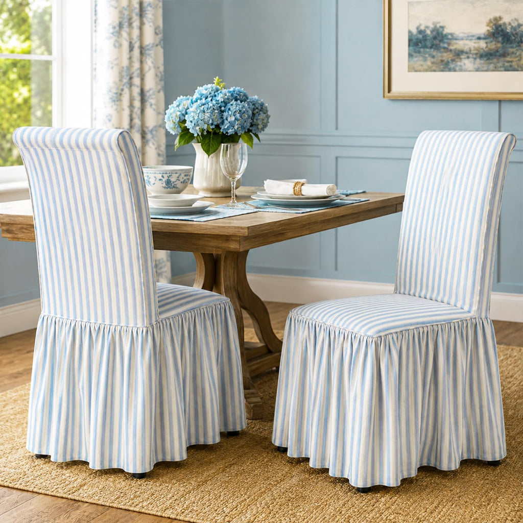 Ruffled Dining Chair Covers, Set of 4, Blue Stripe