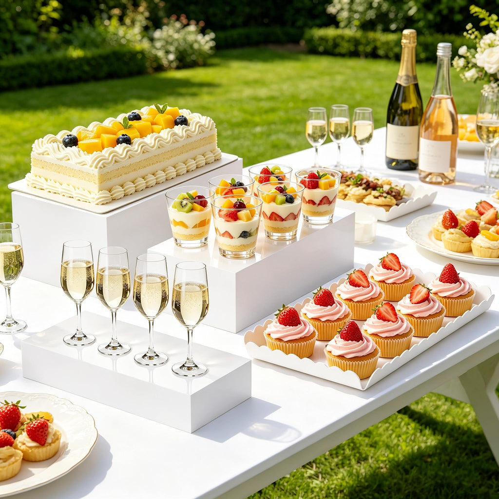 Buffet Risers, 4PCS Glossy White Acrylic Food Risers for Party Table, Rectangle Display Riser Stand with Hollow Box
