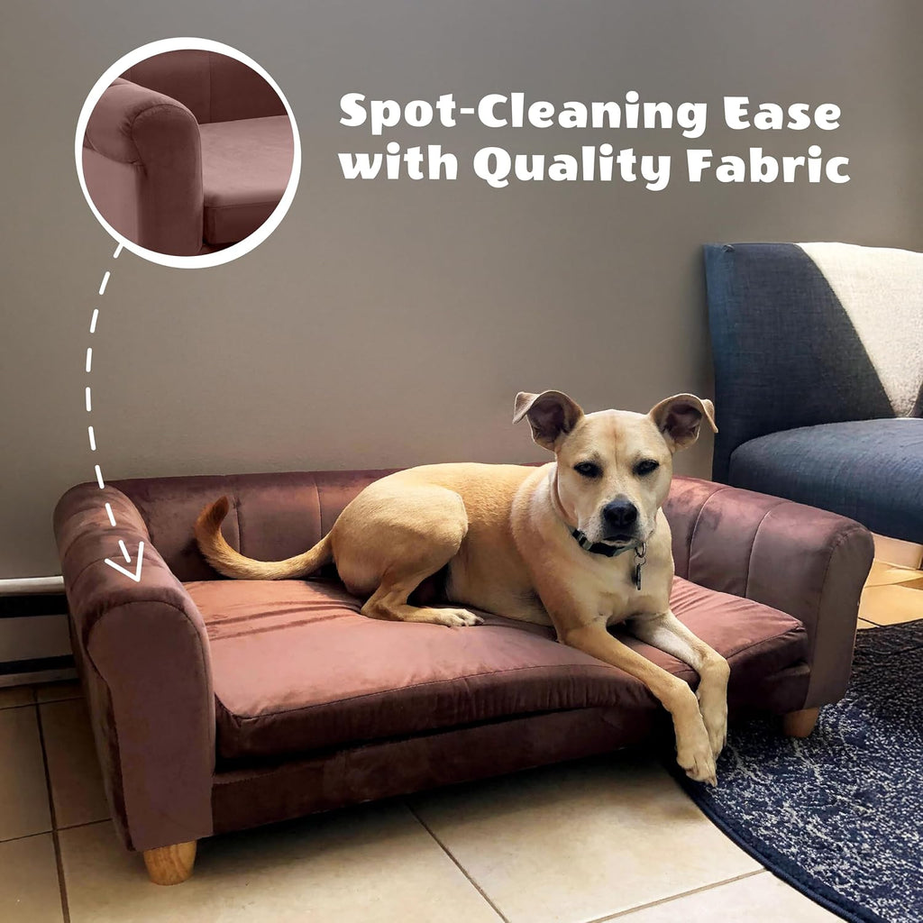 42-in. Elegant Brown Faux-Velvet Rectangular Dog Sofa for Medium and Large Dogs, Elevated Plush Dog Couch