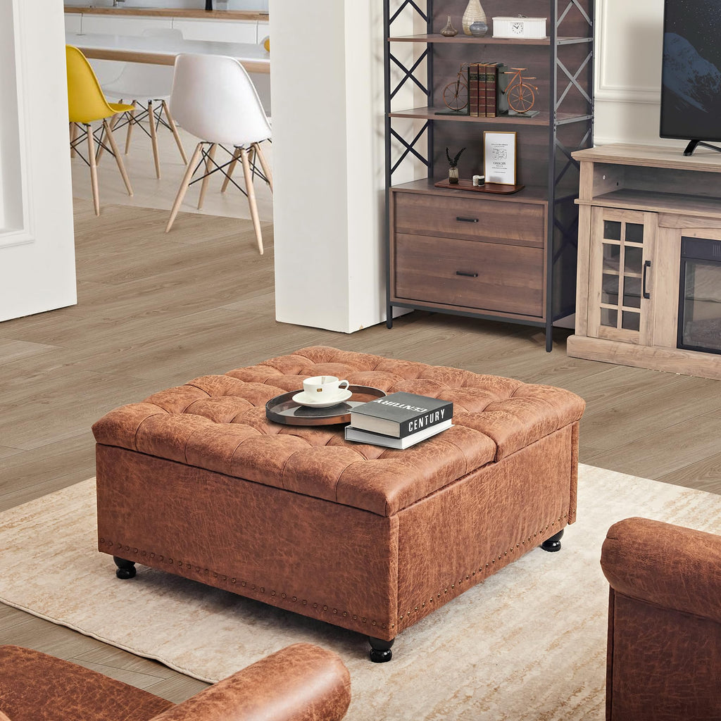 35 Inch Large Square Storage Ottoman, Coffee Table Ottoman, Faux