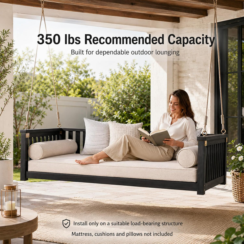 Outdoor Porch Swing Bed, Twin Size Acacia Wood Hanging Daybed with Hemp Ropes, Minimalist Patio Swing Bed for Garden