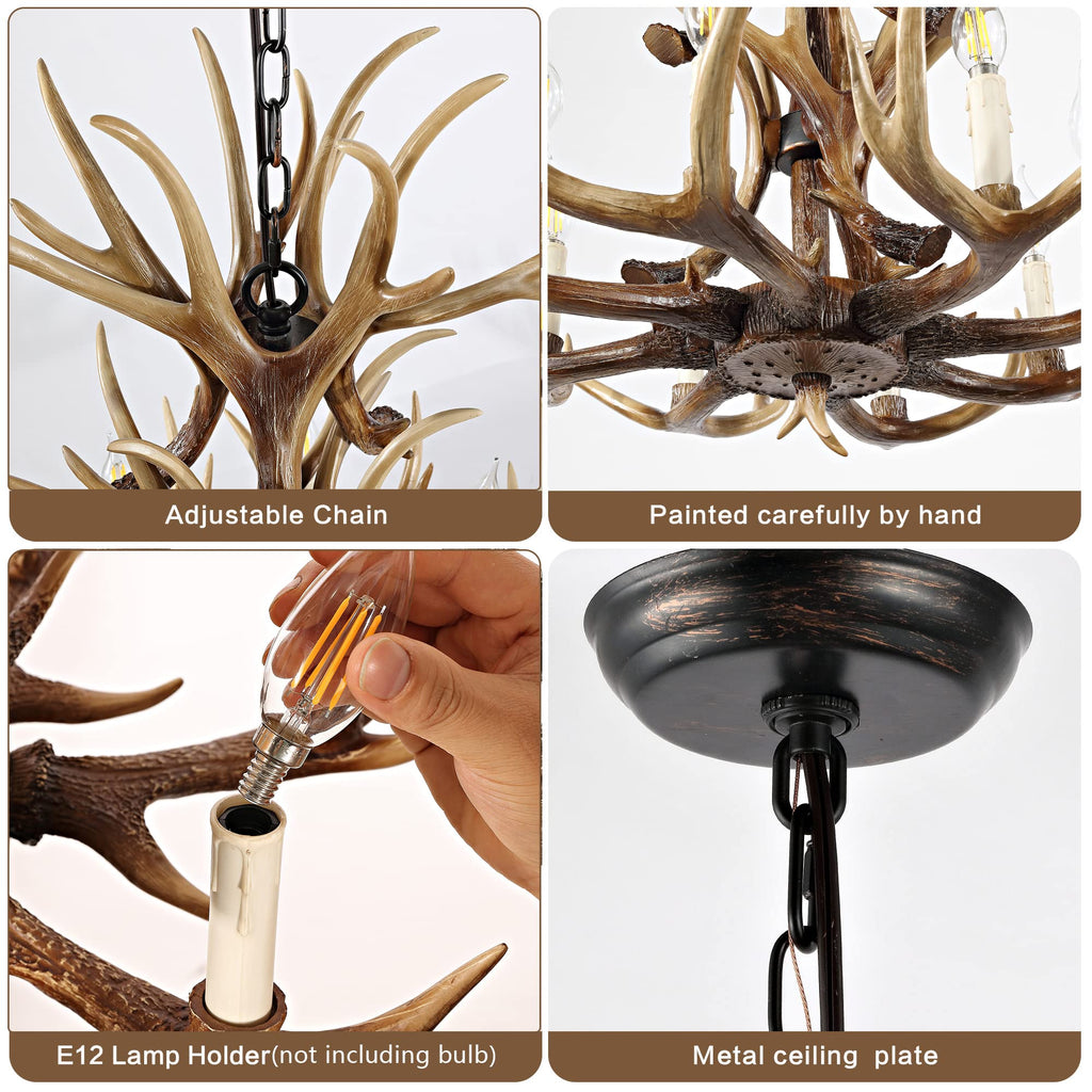 Pre-Assembled 8-Light Dual Layer Antler Chandelier, 24" Rustic