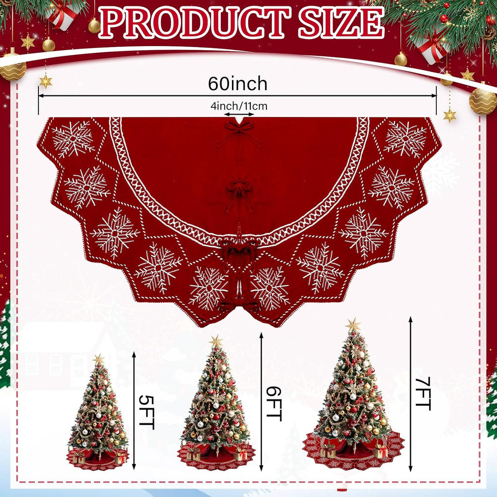 60inch Extra Large Christmas Tree Skirt Wavy Edged Reversible Knitted Tree Skirt Burgundy & Snowflake Pattern Thick