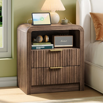 Fluted Nightstand with Charging Station, 2 Drawers, Walnut