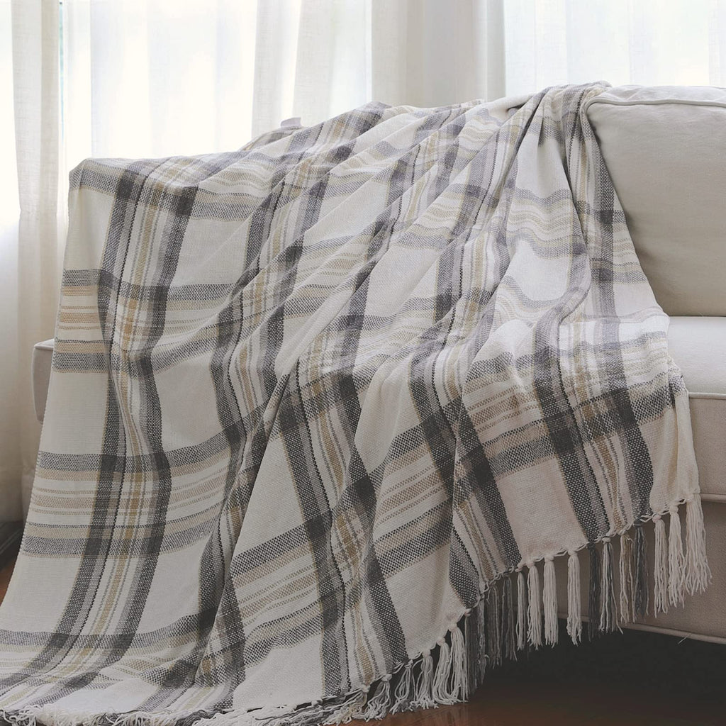 Taupe Grey and White Plaid Decor Tartan Blanket, Lightweight Soft Chenille Striped Knitted Rustic Farmhouse Throw