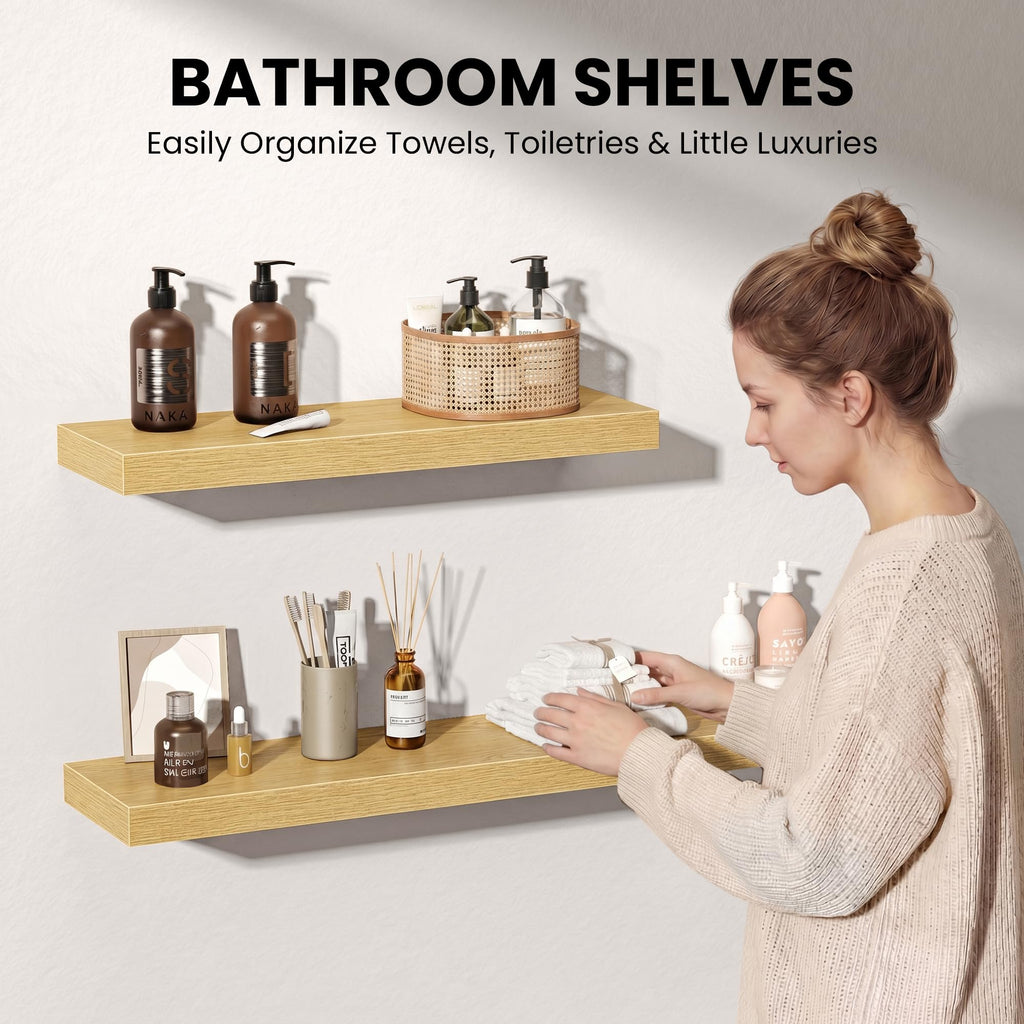 24 Inch Floating Shelves - 8 Inch Deep Rustic Oak Wooden Wall Shelves - Extra Deeper & Thicker Wall Mounted Storage