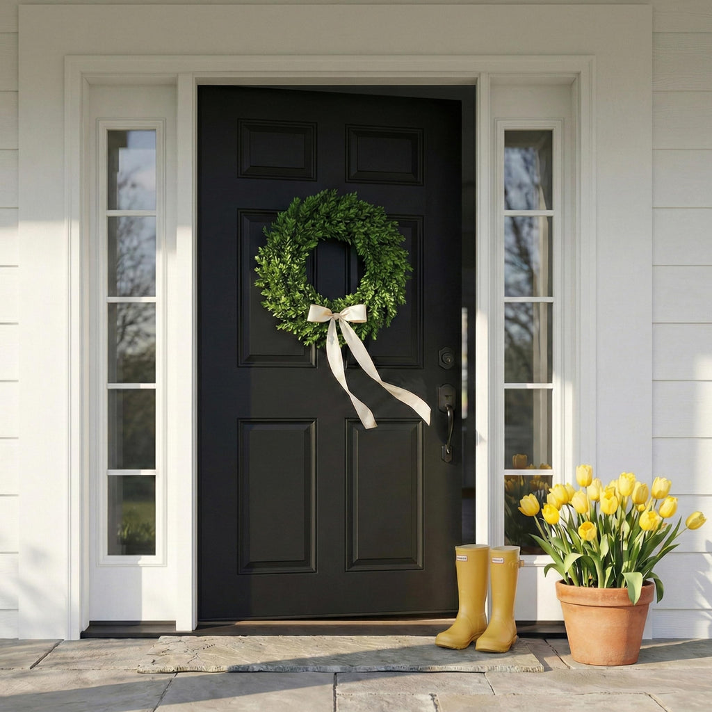 24 Inch Boxwood Wreath for Front Door, Large Green Outdoor Wreaths