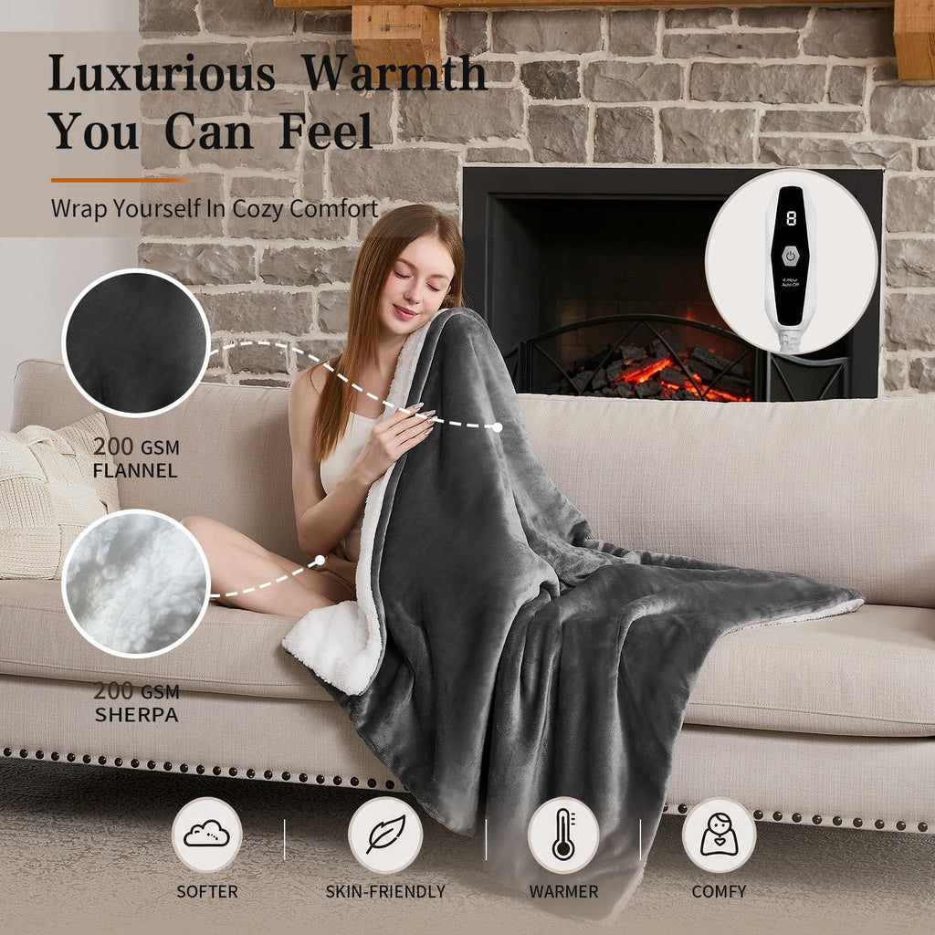 Heated Blanket Electric Throw 50''X60'', Soft Flannel Sherpa Heating Blanket