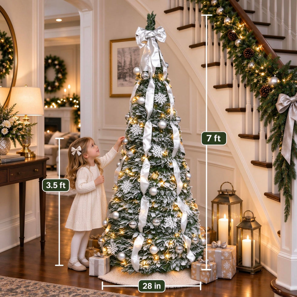 7ft Pop Up Artificial with Lights, Decorated Prelit Collapsible with 200 Warm White Lights, Pull Up White Snow