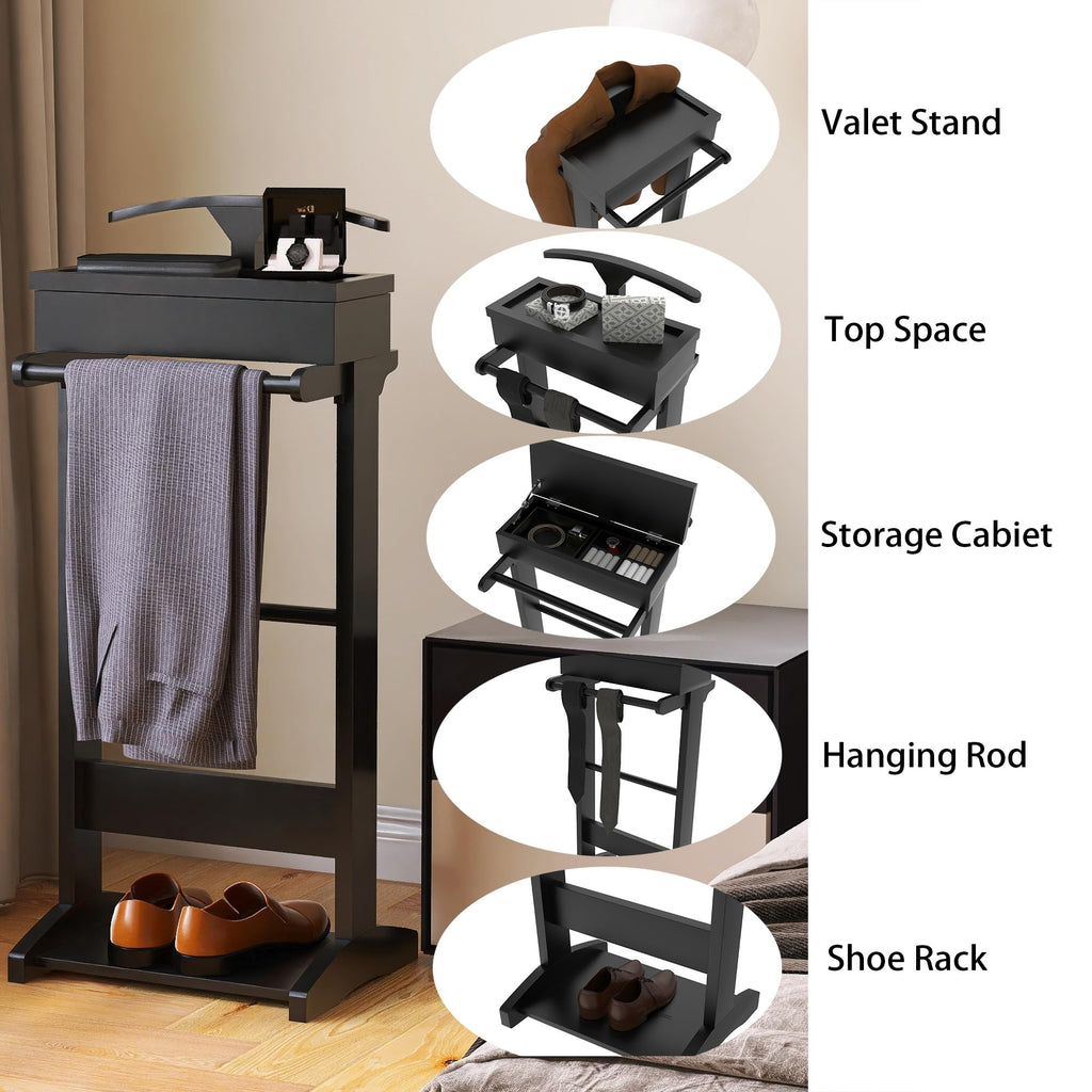 Clothes Valet Stand for Men, Wooden Suit Rack with Flip Tray & Coat Hanger