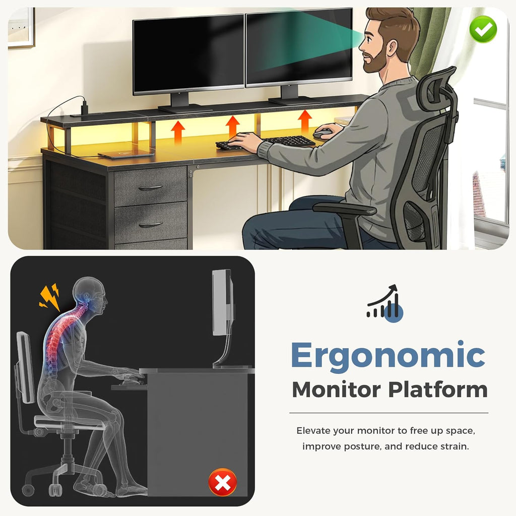 Computer Desk with 4 Drawers,4 Drawer Gaming Desk with with Power Outlets and LED Lights,Office Desk for Small Spaces