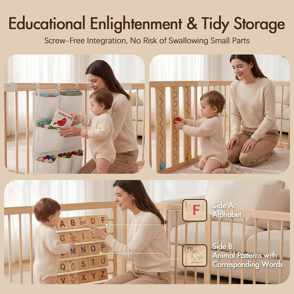 Adjustable 10-Panel Wooden Baby Playpen, 82x55x24 in | Natural Wood Play Pen, Foldable Design with Child Safety Lock