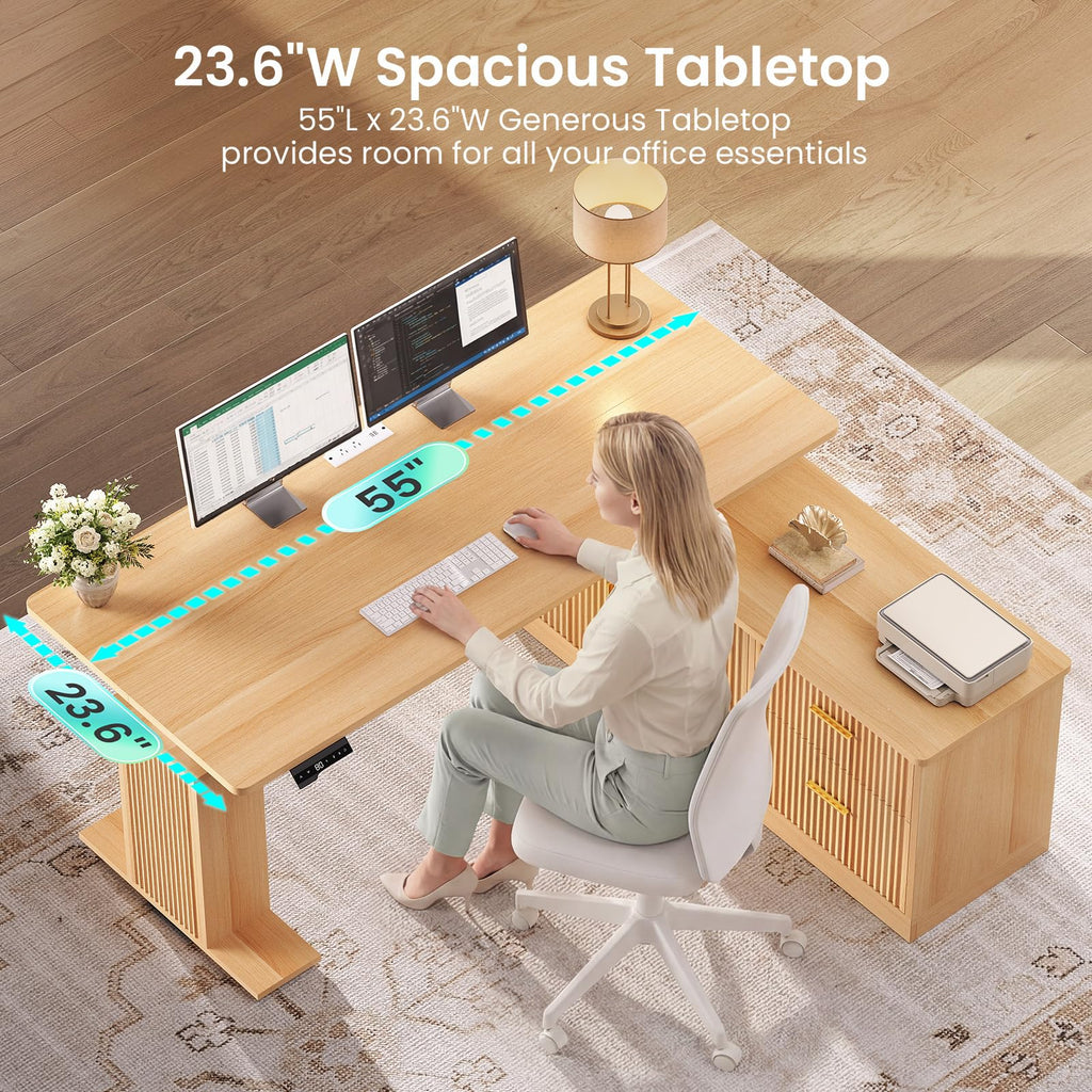 Fluted L Shaped Executive Electric Standing Desk with Drawers