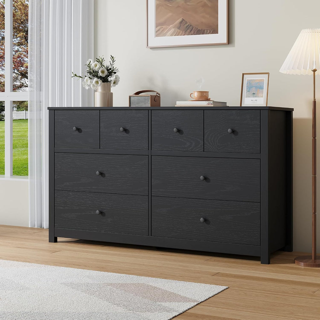 Black 8 Drawer Dresser, Large Modern Dresser for Closet, Bedroom | Storage Chest with Large Drawers & Wide Top