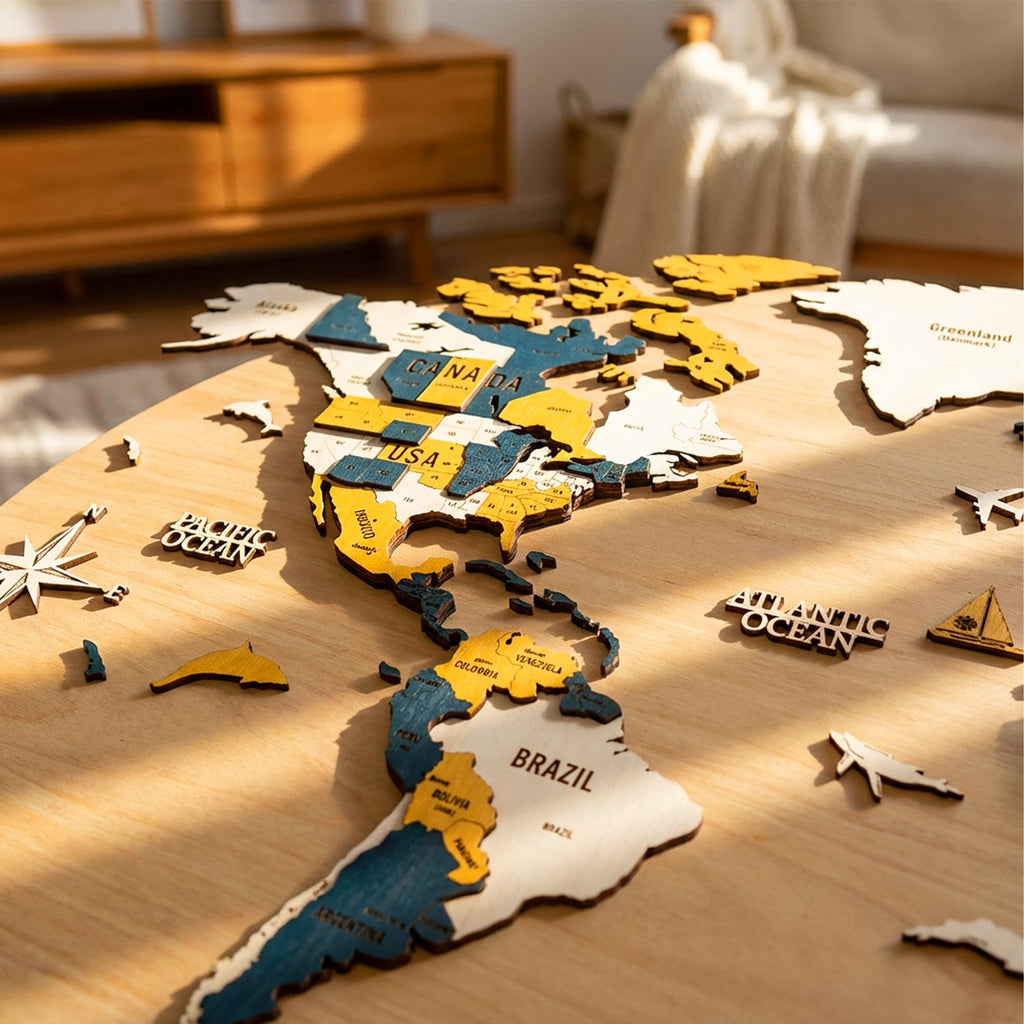 Layered 3D Wooden World Map Wall Art (XXL, Gold-Blue)