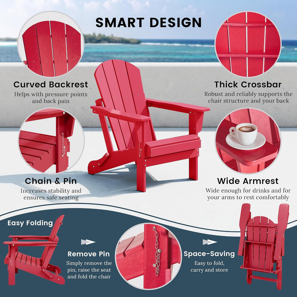 WO Home Furniture Laguna Folding Adirondack Chairs Set of 2, HDPE Patio Chair, All Weather Use Fire Pit Chair for