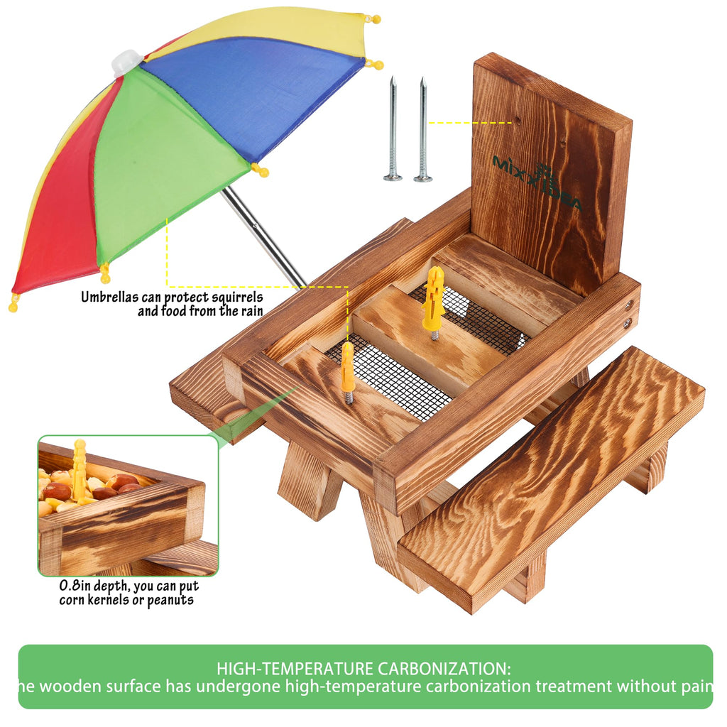 Squirrel Feeder Picnic Table with Tall Umbrella Set of 2, Wooden Squirrel Feeders for Outside, Cute Chipmunk Feeder