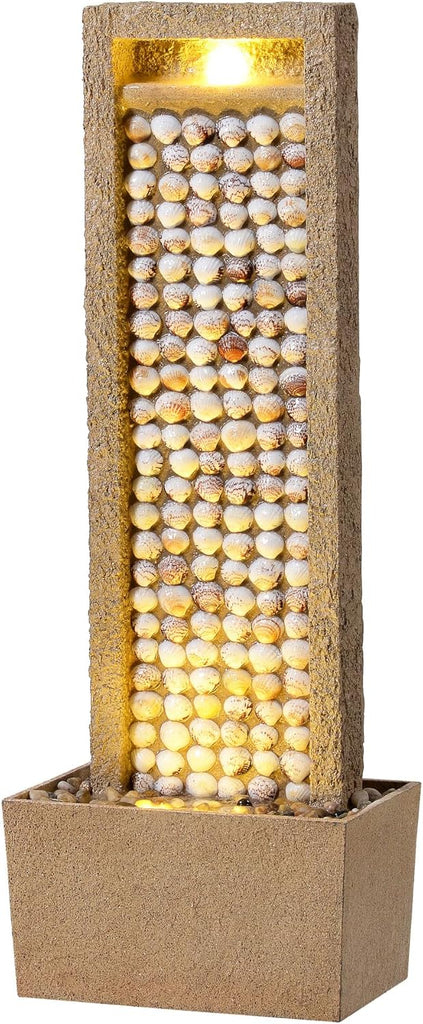 Coastal Seashells Design Outdoor Water Fountain - Warm Glow Lighting with Steady Flow & Electric Pump, Brown