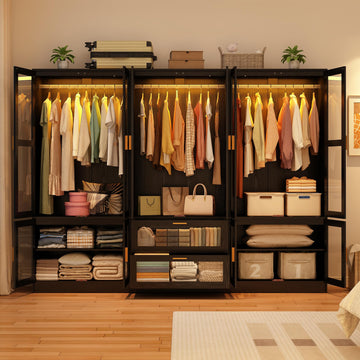 6 Doors Armoire Wardrobe Closet with LED and Mirror, 71" H Freestanding Wooden Wardrobe Closet Cabinet w 2