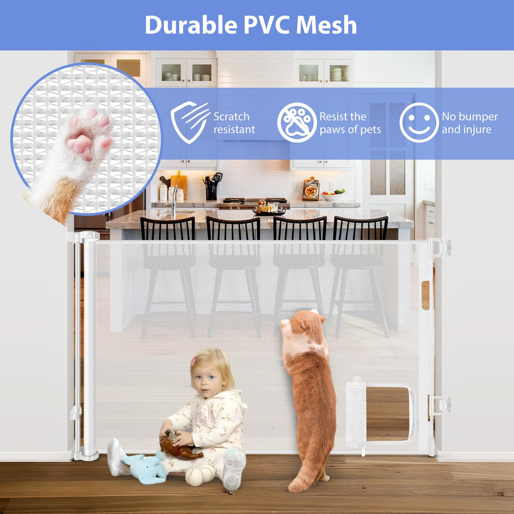 Retractable Baby Gate with Cat Door 55" Wide Retractable Baby Gate for Stairs Mesh Baby Gate with Pet Door