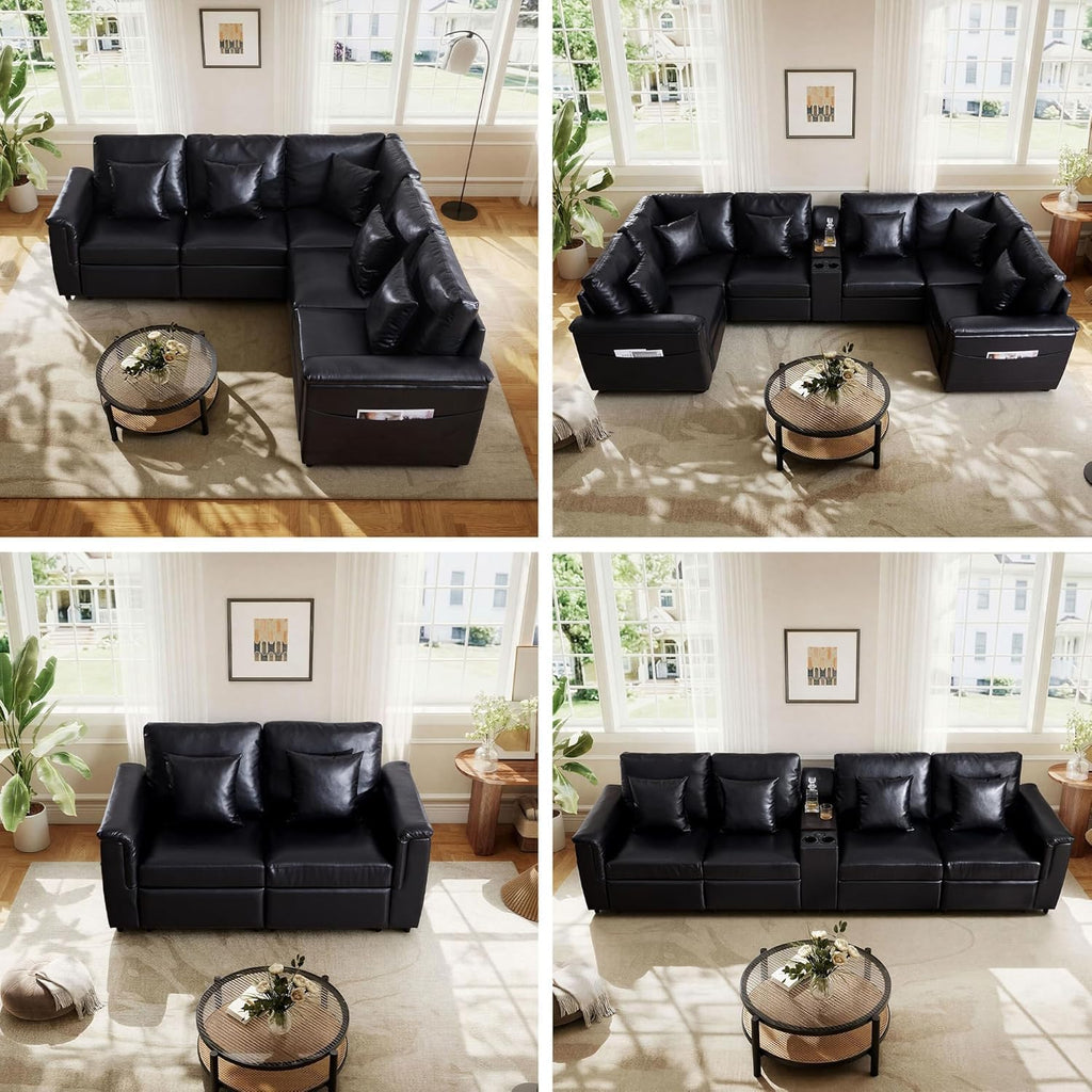 Faux Leather Sectional Sofa, Modern Leather 4 Seater Couch with Pillows and Storage Console, Modular Cloud Sofa, Black
