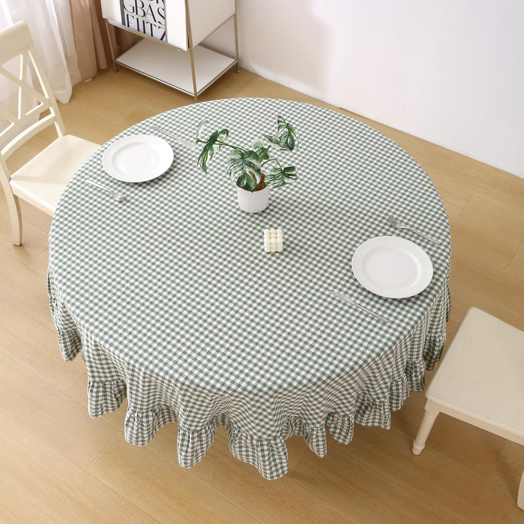 Sage Green White Gingham Tablecloth Round Dia.70"