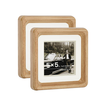 5x5 Picture Frame Set of 2 - Solid Oak Wood, Adjustable Mat for 4x4 & 5x5 Photos, Shatter-Resistant Glass - Wall &