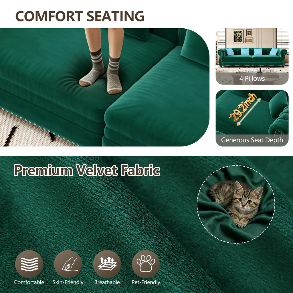 89'' Pull Out Couch King, Velvet Chesterfield Sleeper Sofa Bed, Green