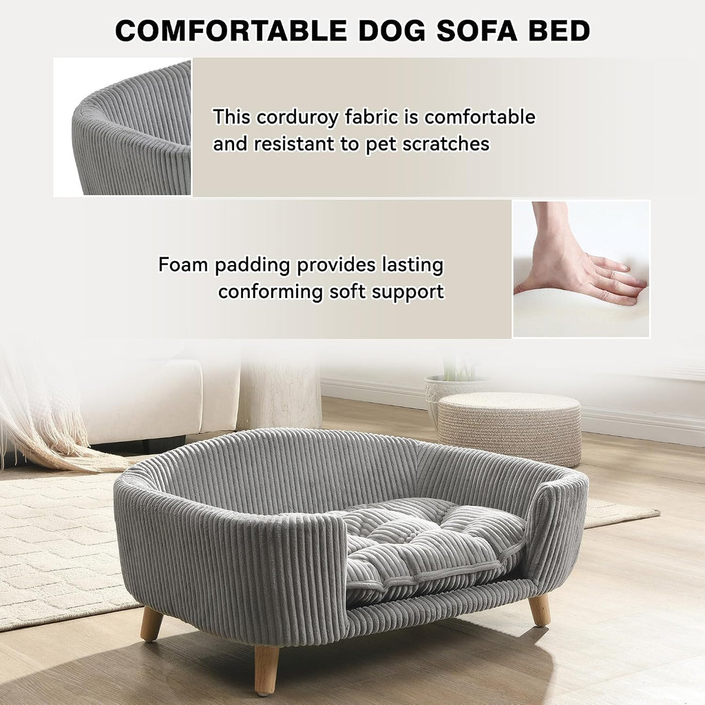 Dog Sofa Couch Bed for Small Dogs, Durable Corduroy Rectangle Pet Sofa with Soft Cushion, Modern Elegant Elevated
