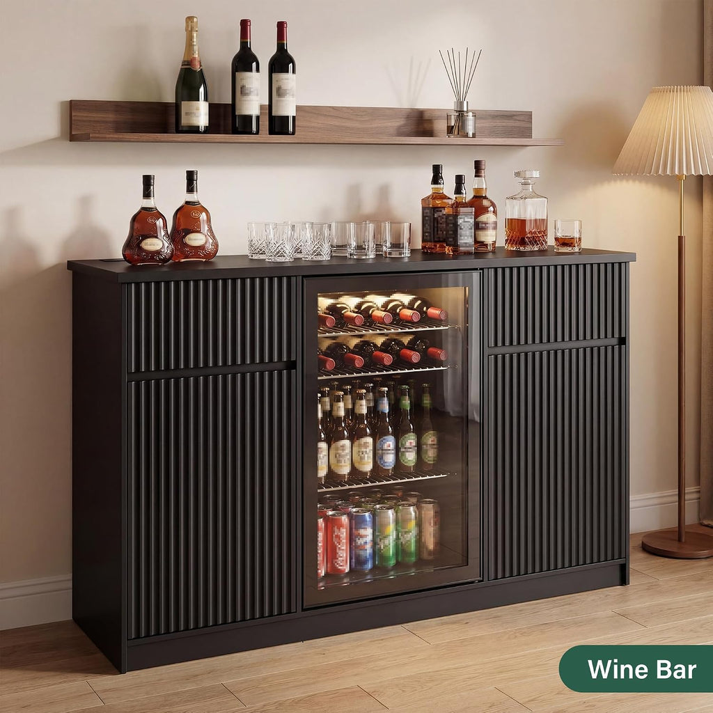 55" Coffee Bar Cabinet with Mini Fridge Space, Charging Station and 2 Drawers, Black