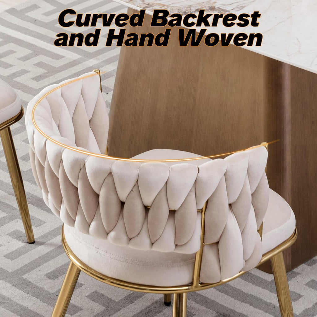 Velvet Woven Dining Chairs Set of 2, Modern Hand Weaving Dining Chair with Hollowed Backrest, Upholstered Club Chairs