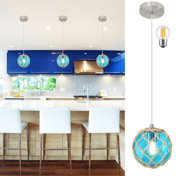 6" Blue Coastal Pendant Light Kitchen Island, Glass Globe Ocean Ceiling Light Fixture Beach House, Dimmable Hemp Rope
