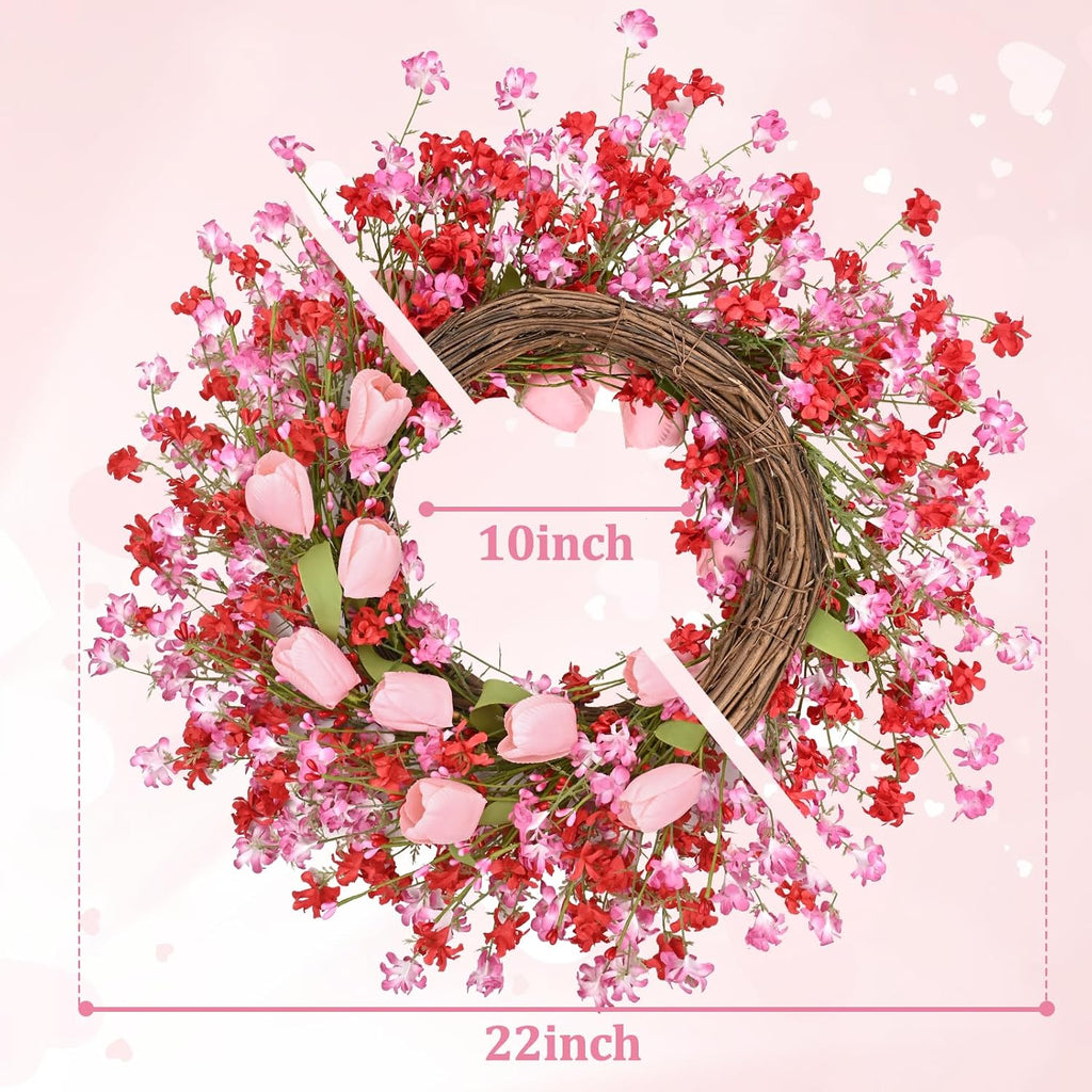 22IN Valentines Day Wreath Decorations, Wreath for Front Door, Pink Tulip Valentine, Spring Summer for Valentine's