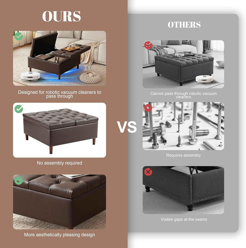 35" Large Storage Ottoman Coffee Table, Square Ottoman, Brown | Oversized Square Ottoman with Storage, No Assembly