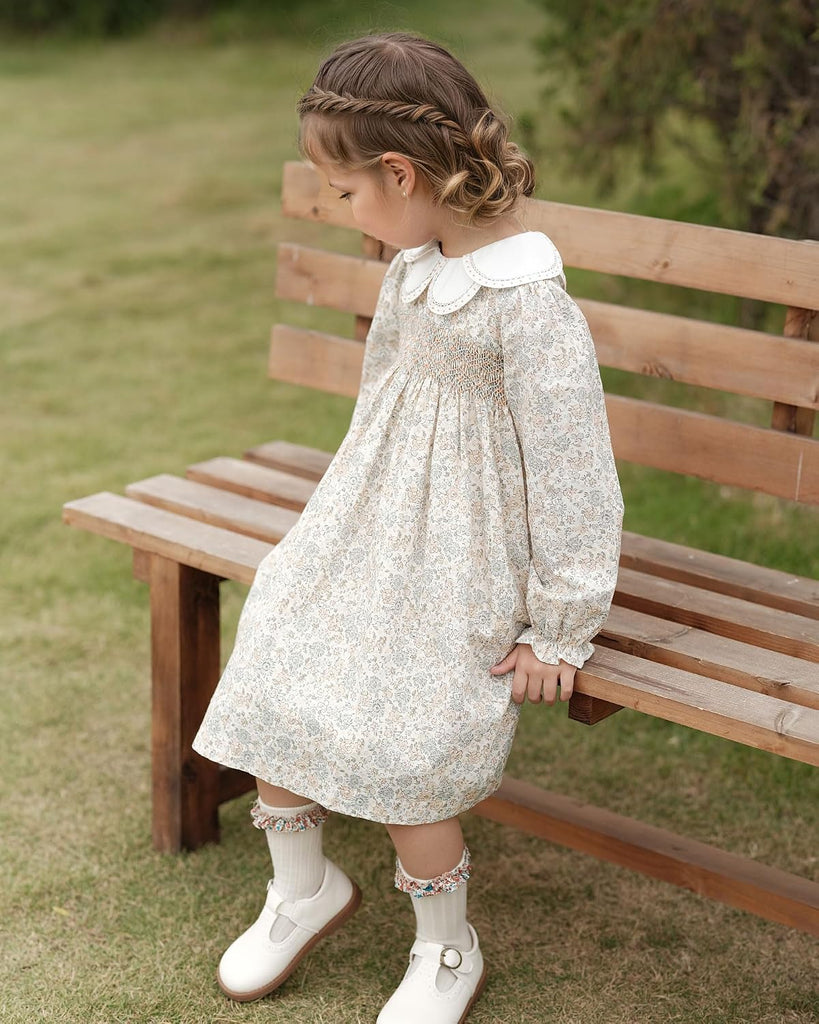 Toddler Baby Girl Smocked Dresses with Flower Collar|Floral Print Long Sleeve Ruffle Dress with Belt